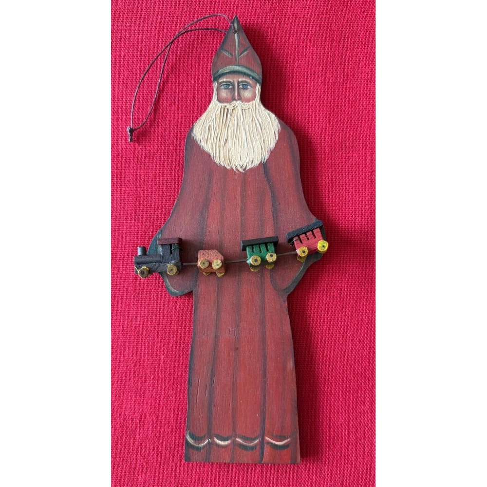 RARE 1997 Collectible K. Daniels Handcrafted Folk Art Ornament Santa With Train